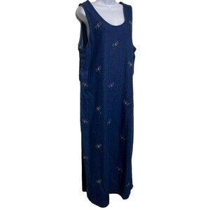 Vtg Jane Ashley Denim Jumper Dress Size L Sleeveless Maxi Dragonfly Cottagecore